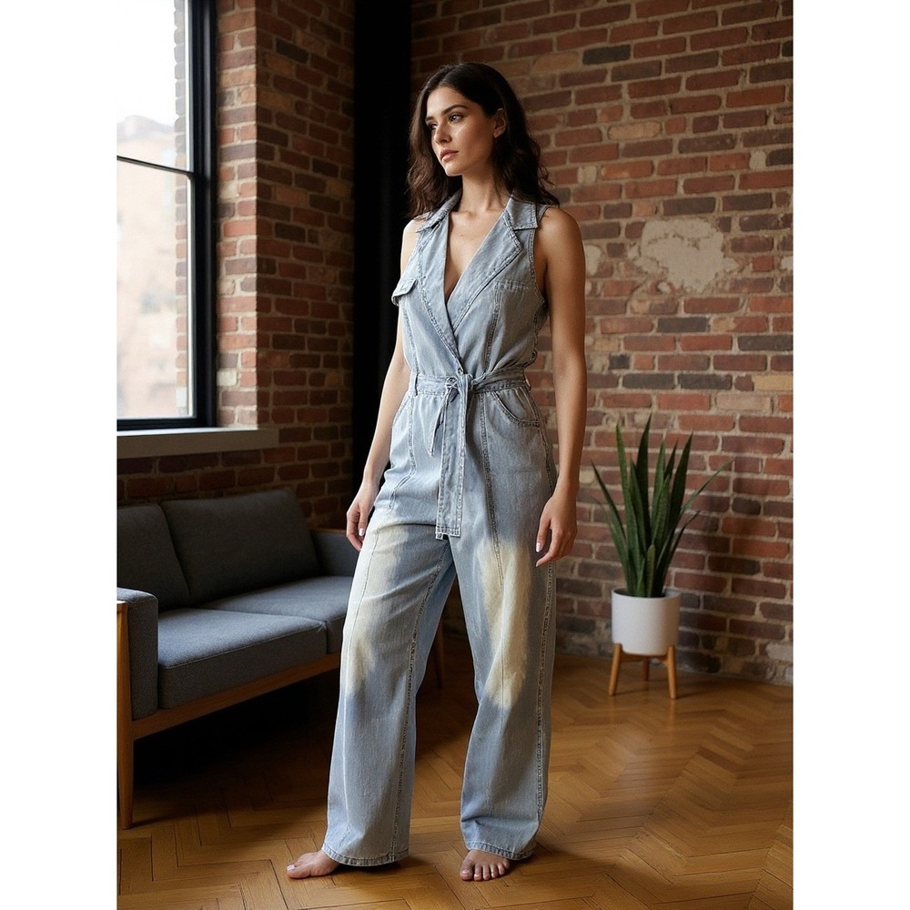 Light Wash Wide Leg High Waisted Button Fly Denim Jumpsuit No Belt Women's 2XL